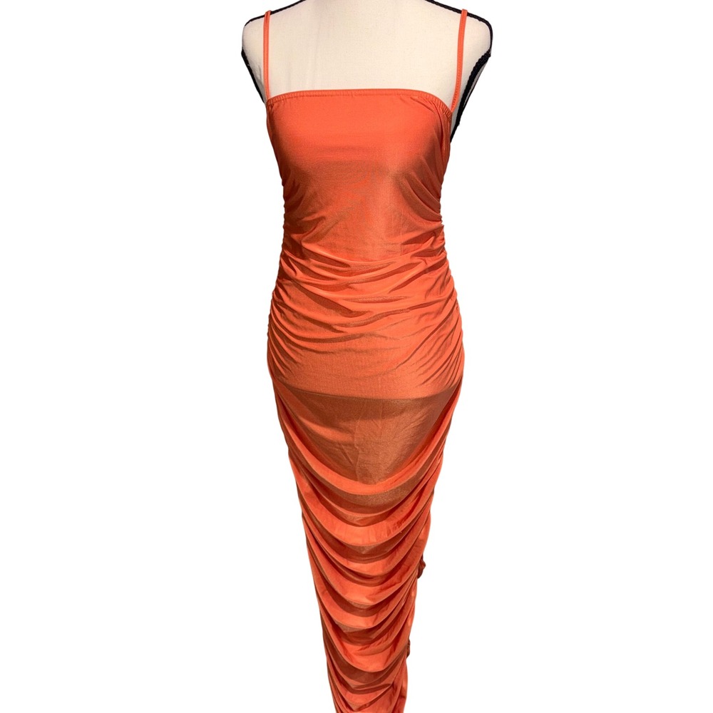 NWT Ruched Midi Dress Womens 4 Orange Bodycon Spaghetti Strap PrettyLittleThing